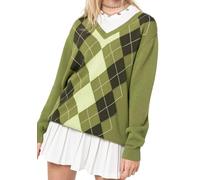 YMING Femmes Pull À La Mode Tricoté Crop - Up V - Neck Manches Longues Pull Imprimé Losange