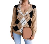 YMING Femmes Pull Vintage À Carreaux À Col en V Loose Rhombus Print Knit Top Pull Kaki L