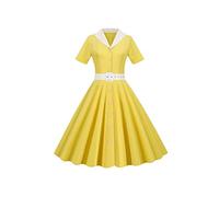 YMING Femmes Revers Cocktail Jupe Audrey Hepburn Robe Boutonnée Vintage A - Ligne Robe De Bal Jaune L