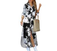 YMING Femmes Robe Chemise Boutonnée à Manches Longues Grande Taille Imprimé Floral à Rayures Robes Fendues en Vrac Tie Dye Noir XL