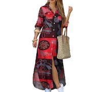 YMING Femmes Robe Chemise boutonnée à Manches retroussées Casual Floral Print Maxi Dresses Loose Fit Blouse Dress Rouge XL
