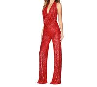 YMING Femmes Sexy Sans Manches Halter Cowl Col Combinaisons Pantalons Rockabilly Large Jambe Longueur De Plancher Combinaisons Rouge XL