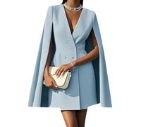 YMING Femmes sur Mesure Habillée Double Poitrine Blazer Robes Affaires À Angle Droit Épaule A-Ligne Mini Robes Bleu M