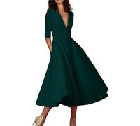 YMING Femmes Swing Ourlet Plissé Robe Grande Taille Robe Couleur Unie Robe avec Poches Vert S