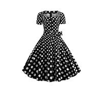 YMING Femmes Vintage Couleur Unie Robe avec Ceinture Slim Summer Party Dress Taille Haute Robe À Noire Polka Pois XS