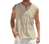 YMING Hommes Coton Lin Col Montant Chemise Couleur Unie Loose Shirt Plage Respirant Gilet sans Manches Poche Gilet Kaki 3XL