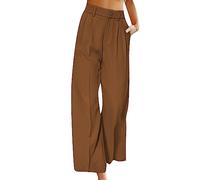 YMING Ladies Summer 3/4 Length Wide Leg Stretch Pants Solid Basic Casual Suit Pants with Pocket Elastic Waist Taille élastique Marron foncé XXL