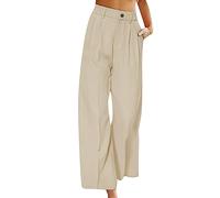 YMING Ladies Summer Elegant Comfy Cropped Trousers Wide Leg Lounge Solid Suit Pants with Pockets Aprikose L