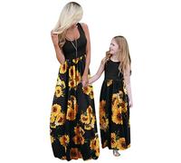 YMING Maman Et Moi Casual Matching Longue Robe De Débardeur Col Rond à Rayures Noir Tournesol 3 Ans