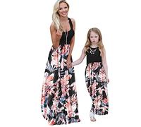 YMING Maman Et Moi Longue Plage Col Rond Robe Solaire Léger sans Manches Imprimé Robe Maxi Col Rond Fleur Noire 8 Ans