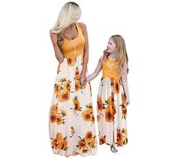 YMING Maman Et Moi Maxi Robe De Plage Robe De Plage Col Rond Famille Robe Loisir Maxi sans Manches Longue Robe Blanc Tournesol 10 Ans