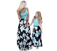 YMING Mère Et Fille Robes Ensemble sans Manches Col Rond Robe Trapèze Robes D'été Florales Fleurs Vertes XL
