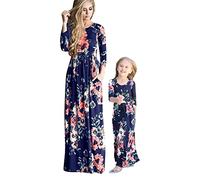 YMING Mère Fille Robes Robes De Famille Fleurs Robe Imprimée Manches Longues A - Ligne Robe D'Été Fleurs Bleu 10 Ans