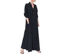 YMING Robe Chemise d'automne pour Femmes Robe Midi Ample en Lin Casua Robe Longue De Bohème à Revers Léger Bleu Marine 5XL