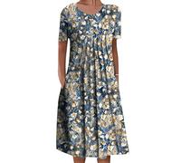 YMING Robes De Plage Décontractées pour Femmes Robe à Manches Courtes à Col Ras du Cou Robe Midi à Fleurs De Bohème Bleu Jaune M