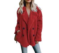 YMING Vestes En Fourrure Synthétique Avec Des Poches Pour Les Femmes Double-Chemin Teddy Fleece Manteau De Loisir Rouge L