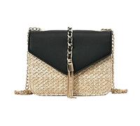Ymnilian Sac Paille, Sac Paille Femme Chaîne frangée petits sacs à rabat pour femmes paille + PU Sacs de bandoulière Sacs d'épaule Messenger Summer Beach Messenger(Black)