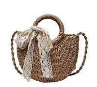 Ymnilian Sac Paille, Sac Paille Femme Sac à main en paille tissé en rotin demi-rond fait à la main for femme, petit sac à bandoulière d'été for la plage(Khaki Ribbon)