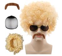Ymoryiyi Perruque afro pour homme avec moustache - Perruque courte bouclée en or - Costume disco des années 70 et accessoires hippie pour homme - Perruque pour carnaval, fête à thème, Halloween