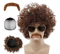 Ymoryiyi Perruque afro pour homme avec moustache - Perruque courte bouclée marron - Costume disco des années 70 et accessoires hippie pour homme - Perruque pour carnaval, fête à thème, Halloween