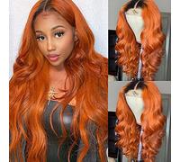 YMS Perruques de cheveux humains ombrés orange transparent avec dentelle frontale - Noir et orange - Densité de 180 % - 35,6 cm - Cheveux humains pré-épilés avec des cheveux de bébé