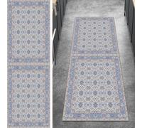 Ymural Tapis de cuisine antidérapant lavable, bleu, vintage, 90 x 600 cm, long, au mètre, à poils courts en polyester, pour couloir, chambre à coucher