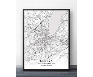 YMXCNM Impression sur Toile,Genève Suisse City Map Wall Art Pictures Large Posters Prints Modern Black and White City Rectangle Paintings Pop Murals Artwork for Home Decor,50X70Cm / 19.68X27.55 in