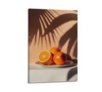 YMXHJJ Impression sur toile abstraite minimaliste - Impression sur toile de fruits minimalistes avec oranges sur assiette et ombre à feuilles, affiche d'œuvre d'art pour décoration de salon 20 x 30 cm