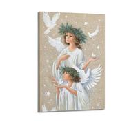 YMXHJJ Poster moderne familial sur toile Décoration murale d'intérieur - Affiches religieuses d'anges avec couronnes et colombes dans une scène céleste - Œuvre d'art encadrée 20 x 30 cm