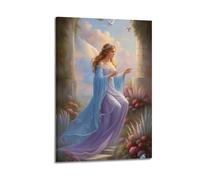 YMXHJJ Poster moderne sur toile pour décoration d'intérieur - Poster christianisme Ange dans une robe bleue et violette pointant avec des oiseaux en vol Illustration encadrée 60 x 90 cm