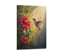 YMXHJJ Poster sur toile représentant un colibri planant près d'un hibiscus vibrant avec rayons de soleil - Décoration murale moderne - 30 x 45 cm