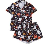 Ymxygz Pyjama Imprimé Citrouille Chauve-Souris pour Halloween, Chemise Confortable À Manches Courtes Col Roulé pour Femme, Short Ample
