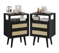 YMYNY Lot de 2 Tables de Chevet avec 2 Tiroirs, Table Basse, Commode Boho, étagère Ouverte, Décorés à La Main en Rotin, 39x29x59 cm, pour Salon, Bureau, Chambre à Coucher, Noir HST015B-2