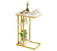 YMYNY Table d’appoint Basse, Bout de Canapé, Forme C à 2 Étages, Rangement, Structure en Métal, pour Salon, Chambre, Balcon, Bureau, 40 x 26 x 61.5 CM, Marbre Blanc et Or HST004W