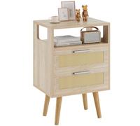 YMYNY Table de Chevet avec 2 Tiroirs, Table Basse, Commode Boho, étagère Ouverte, Décorés à La Main en Rotin, 39x29x59 cm, pour Salon, Bureau, Chambre à Coucher, Naturel HST015N