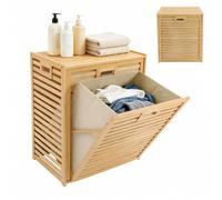 YNAADYH Panier à linge en bambou avec devant rabattable et sac à linge | 50 × 35,5 × 63 cm, format rectangulaire peu encombrant pour salle de bain, chambre ou buanderie - Idéal pour utiliser une
