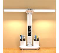 YNDD Lampe de Bureau Sans Fil à LED pour Enfant avec Heure Calendrier Température 2 Porte Stylo, 7W Double Tête Desk Lamp Dimmable 3 Modes de Couleur, Contrôle Tactile Protection des Yeux, Blanche