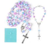 YnewL 2 PCS Purple Blue Catholique Rosary, Rosary Bracelet and Collier - Vraie Faith Gift Girl avec Sac en Velours, Baptême Communion Wedding/Party/Everyday