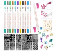 YnewL Kit Tatouage Paillettes Enfant, 12 Couleurs Stylo Tatouage, avec 373 Motifs Pochoir Tatouage Ephemere et 1 Autocollant Doré - Enfants Adultes Anniversaires Fêtes Halloween