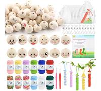 YnewL Lot de 122 perles en bois au crochet avec visage de 20 mm, avec 12 couleurs, sac en organza, porte-clés et cartes pour bricolage de vers porte-bonheur, artisanat, porte-clés