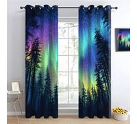YNIOFU Aurore Salon Rideau Occultant, Aurores boréales Rideau Isolant Thermique,Ciel de la forêt Chambre Draperies, scène du Ciel Nocturne Oeillets Decoration Rideaux L107 x H214cm 2 Panneaux