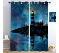 YNIOFU Ciel étoilé Salon Rideau Occultant, Phare Salon Rideau Occultant, Vue Nocturne Rideau Thermique Isolant, Galaxie du Paysage Marin Opaque Tenture L117 x H138cm 2 Panneaux