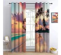 YNIOFU Plage Rideau Occultant, Océan Coucher de Soleil Bord de mer Palmiers Crépuscule 3D Impression Rideaux Thermique Isolant Anti Froid Rideaux pour Chambre Cuisine Décoration,L 70x H 160cm x2