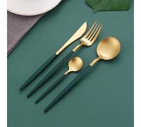 YNIYUJKL Ensemble De Couverts en Argenterie, 4/16/24/32/40/48 Pièces en Acier Inoxydable 304, Vaisselle Portugaise, Couteau À Steak Et Fourchette, Vaisselle D'Hôtel, ENS,Green Gold-4 Piece Set for 1
