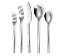 YNIYUJKL Service De Couverts en Argent, 5 Pièces, Vaisselle en Acier Inoxydable Effet Miroir, Motif Pierre Épaisse, Couteau, Fourchette Et Cuillère, Ensemble Noir,Silver-20 Pieces for 4