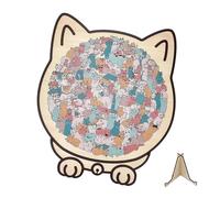 YNPQTDS 135 Pièces Puzzle en Bois De en Forme De Chat Aux Couleurs Morandi 23.7x21.8cm Puzzles en Boi 3D en Forme De Chat Boîte De Puzzle en Bois pour Chats pour Maison L'Étagère La Famille Les Amis