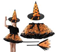 YNPQTDS Costume de sorcière pour filles,Costume de sorcière pour, Tenue de cosplay avec chapeau et balai, Jupe Tutu de, accessoires de jeu de rôle pour Halloween