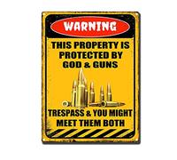 YNRBGDFR Panneau d'avertissement rétro en métal - Décoration vintage pour la maison et l'extérieur - This Property is Protected by God Guns Trespass You Might Meet Them Both - 30,5 x 40,6 cm