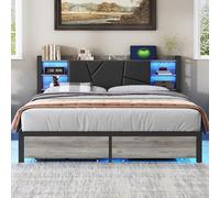 YNYHTER Lit double 140 x 200 cm avec LED, lit double avec tiroirs, USB et lumière LED, cadre de lit en métal avec station de charge et tête de lit en cuir synthétique, rembourré sans