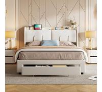 YNYHTER Lit double 140 x 200 cm avec LED, lit tapissé avec tiroirs et port de charge USB, lit de rangement en velours 140 x 200 cm, avec USB, sans matelas (beige A, 140 x 200 cm)